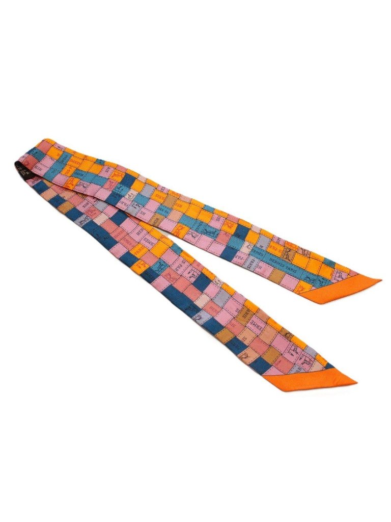 Hermes Twilly Bolduc Check Silk 100 Orange Scarf